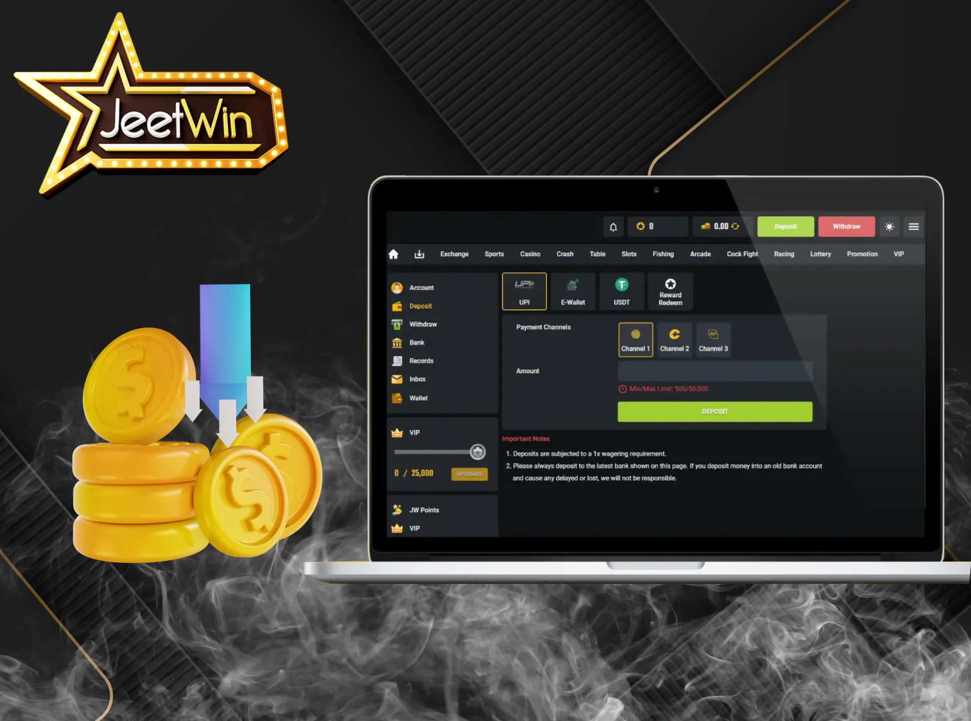 اپنے JeetWin اکاؤنٹ کو فنڈ دینے کے لیے نیچے دی گئی ہدایات پر عمل کریں۔