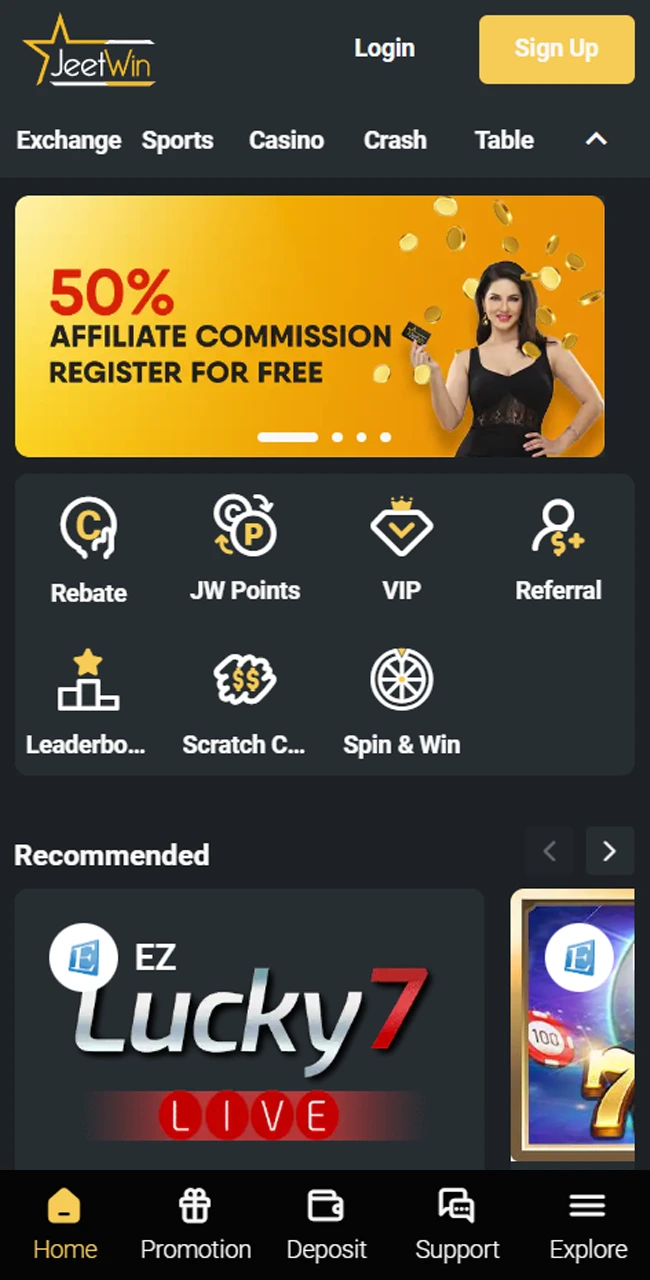 JeetWin ایپ کا ہوم پیج۔