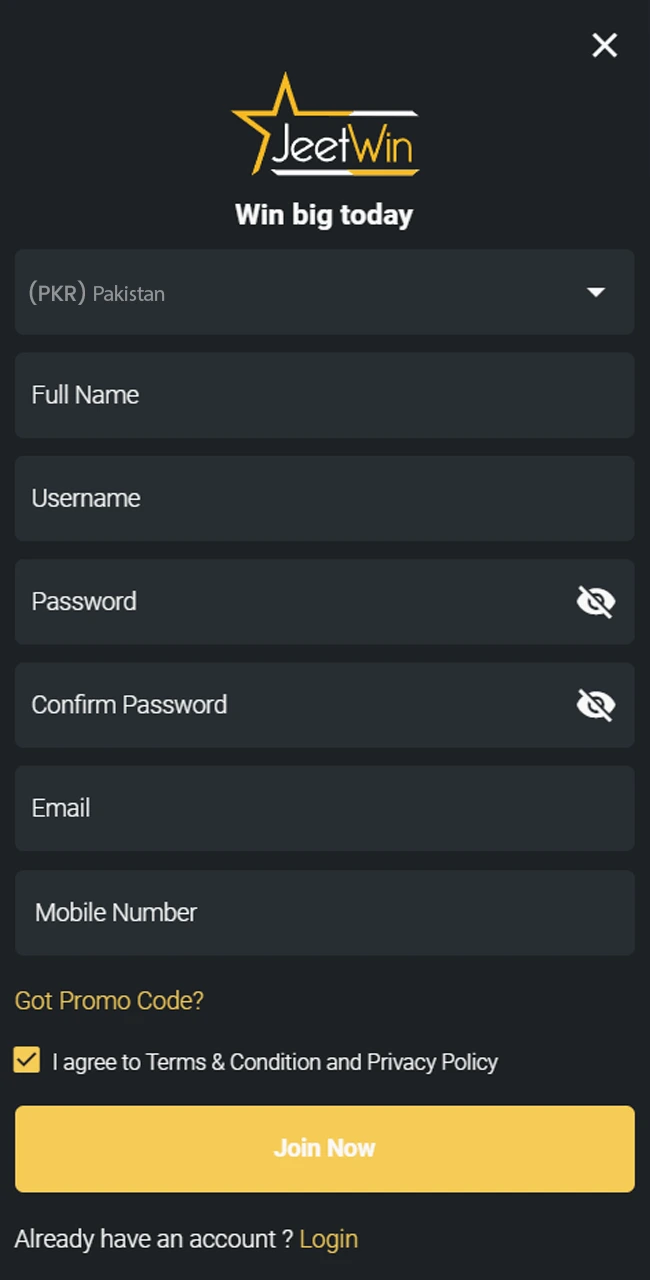 JeetWin ایپ میں رجسٹریشن میں چند منٹ لگتے ہیں۔